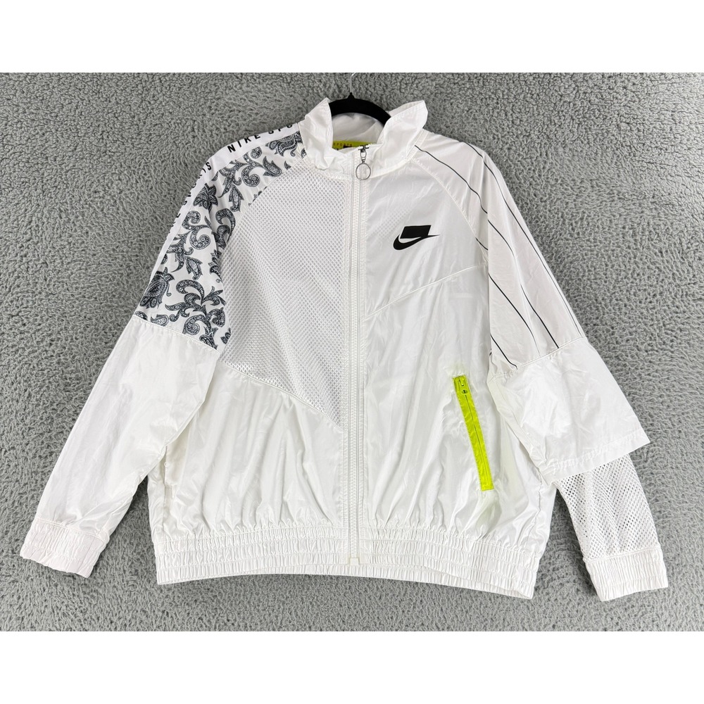 Nike NSW Woven Track Jacket Womens Small White Paisley Pinstripe Mesh AR3025-100
